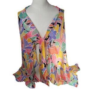 Beyond Control Colorful Floral Chiffon Tie-Front Beach Resort Cover-Up Wrap S/M